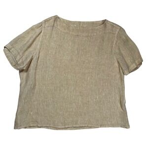 Flax Linen Top Women's Medium Yellow Boat Neck Short Sleeve Minimalist Lagenlook